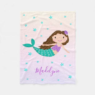 Cute Purple Mermaid Coral Personalized Name Fleece Blanket