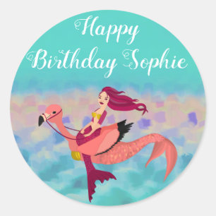Cute Purple Mermaid Flamingo Happy Birthday Classic Round Sticker