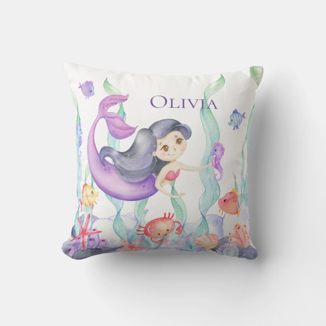 Cute Purple Mermaid Name Watercolor Ocean Fish Throw Pillow (Front)
