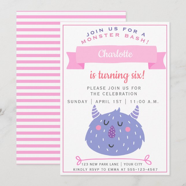 Cute Purple Monster | Monster Bash Girls Birthday Invitation (Front/Back)