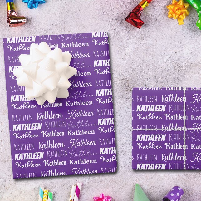 Cute Purple Name Collage Customized Birthday Wrapping Paper Sheet (Creator Uploaded)