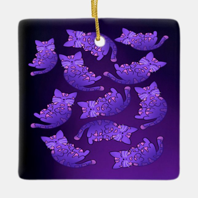 Cute Purple Neon Kitten Group Ceramic Ornament (Front)