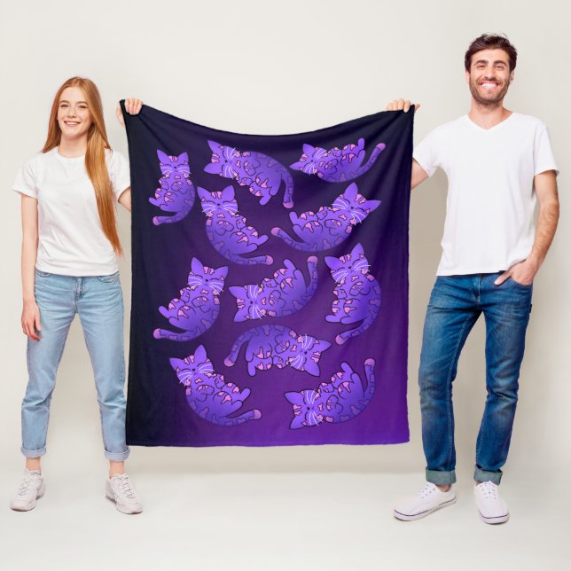 Cute Purple Neon Kitten Group Fleece Blanket (In Situ)