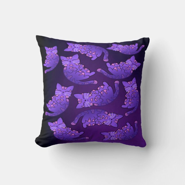 Cute Purple Neon Kitten Group Throw Pillow (Front)
