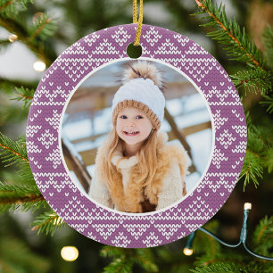 Cute Purple Nordic Snowflake Sweater Pattern Photo Ceramic Ornament