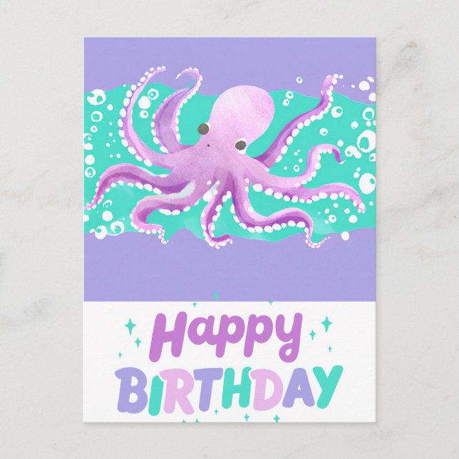 Cute Purple Octopus Bright Colourful Happy Birthda Postcard (Front)