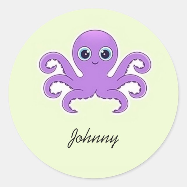 Cute purple octopus green classic round sticker (Front)
