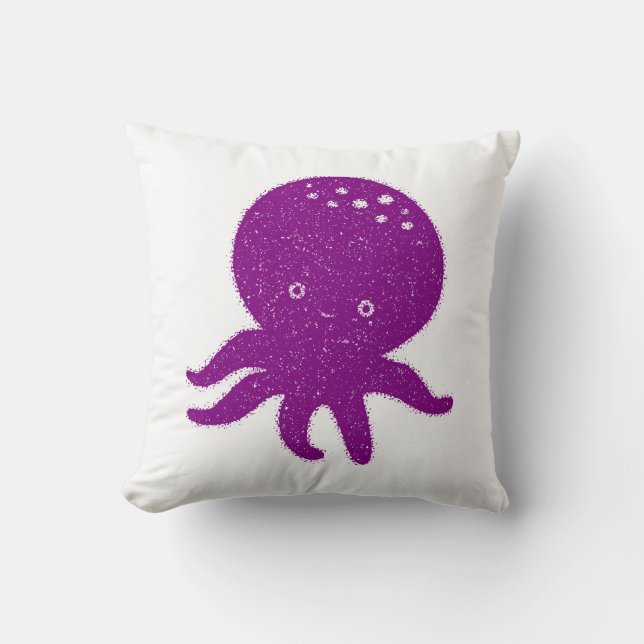 Cute Purple Octopus Old Print Throw Pillow (Front)