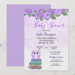 Cute Purple Owl Bring A Book Baby Shower Invitation