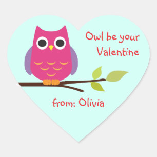 Cute purple owl classroom valentine personalized heart sticker