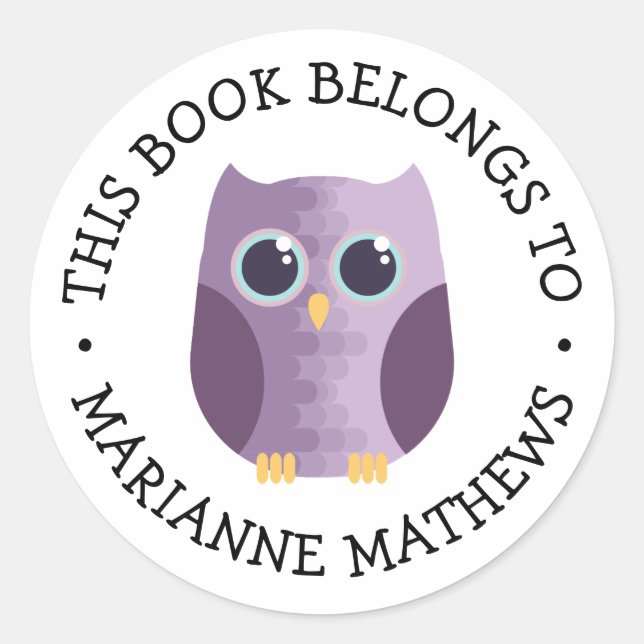 Cute Purple Owl This Book Belongs to Classic Round Sticker (Front)