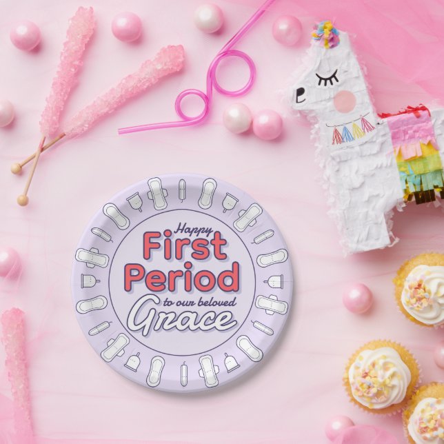 Cute Purple Pad Happy First Period Party  Paper Plate (Party)