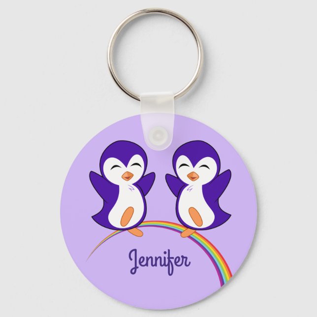 Cute Purple Penguin Monogram Rainbow Kids Keychain (Front)