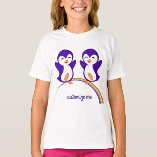 Cute Purple Penguin on Rainbow Custom Kids T-Shirt