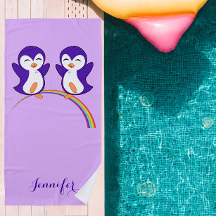 Cute Purple Penguins on Rainbow Beach Towel