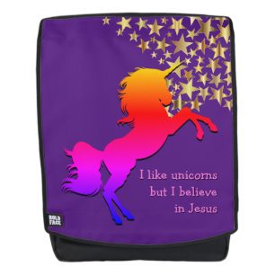 Cute PURPLE Personalized UNICORN Believe in Jesus Backpack