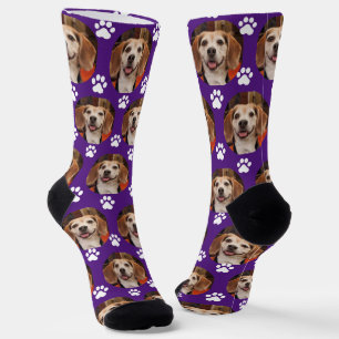 Cute Purple Pet Photo & Paw Prints Custom Socks