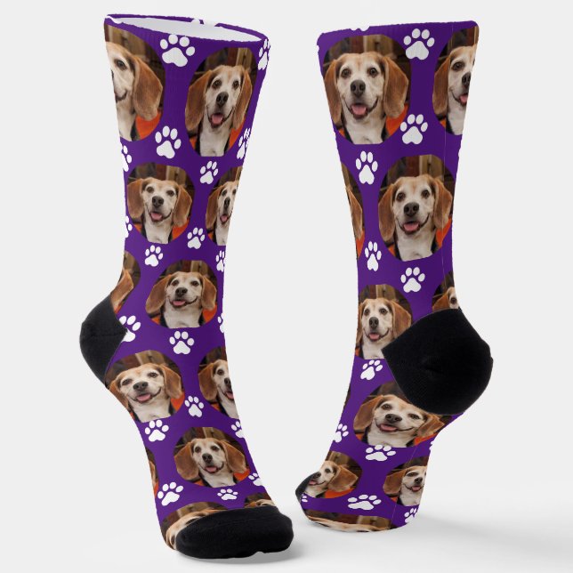 Cute Purple Pet Photo & Paw Prints Custom Socks (Angled)