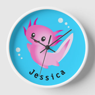 Cute Purple Pink Axolotl Bubble with Name Clock