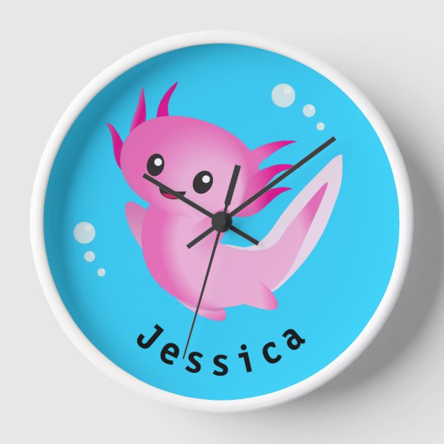 Cute Purple Pink Axolotl Bubble with Name Clock (Front)