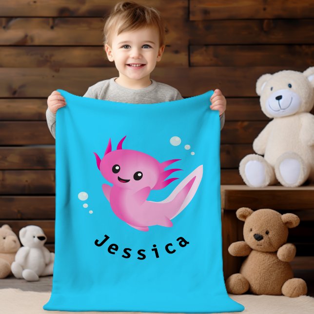 Cute Purple Pink Axolotl Bubble with Name Fleece Blanket (Creator Uploaded)