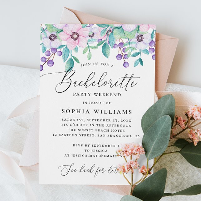 Cute purple pink floral script Bachelorette party Invitation (Creator Uploaded)