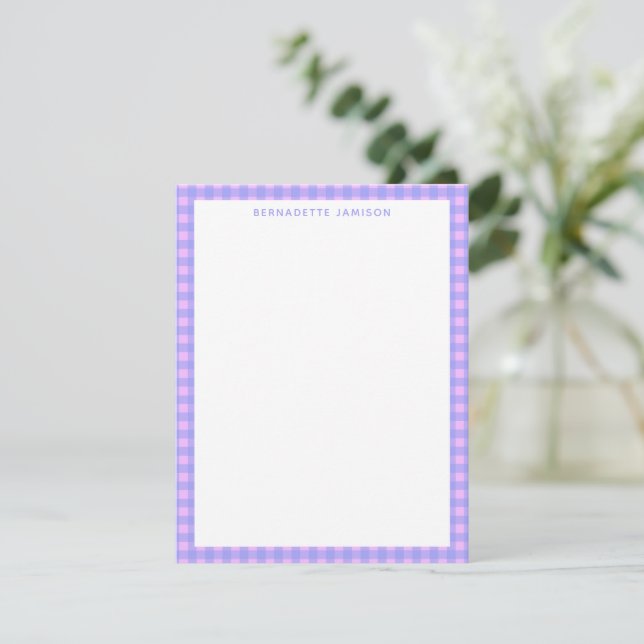Cute Purple Pink Gingham Personalized Stationery Card (Standing Front)