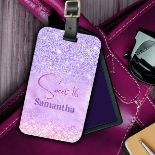 Cute purple pink glitter birthday monogram luggage tag