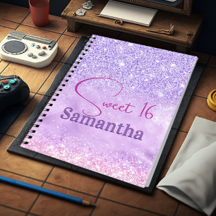 Cute purple pink glitter birthday monogram notebook