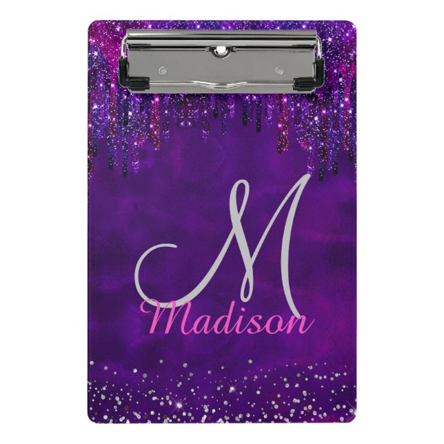 Cute Purple pink Unicorn Glitter Drips monogram Cl Mini Clipboard (Front)