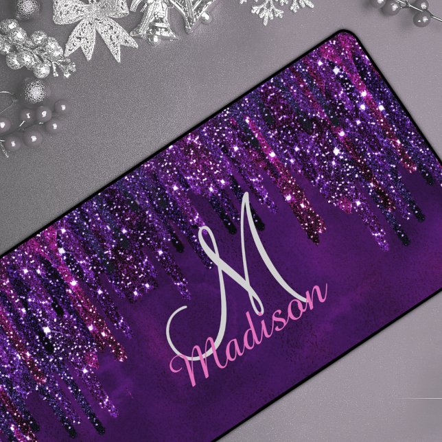 Cute Purple pink Unicorn Glitter Drips monogram Desk Mat (Creator Uploaded)