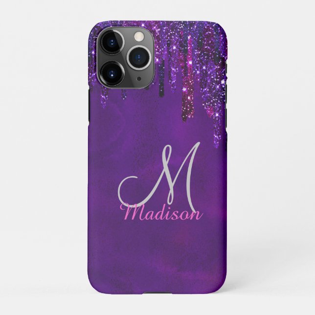 Cute Purple pink Unicorn Glitter Drips monogram iPhone Case (Back)