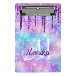 Cute Purple pink Unicorn Glitter Drips Monogram Mini Clipboard