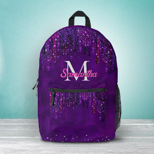 Cute Purple pink Unicorn Glitter Drips monogram Printed Backpack
