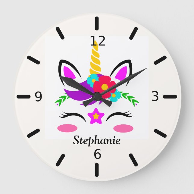 Cute Purple Pink Unicorn Red Flower Personalized Large Clock (Front)
