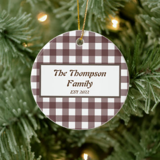 Cute Purple Plaid Personalized Family Name Ceramic Ornament