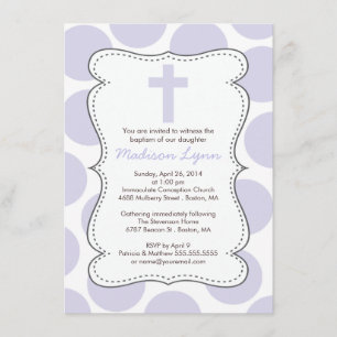 Cute Purple Polka Dots Cross Baptism Invitation