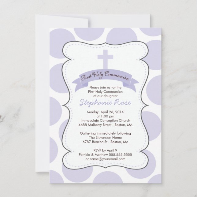 Cute Purple Polka Dots Cross Communion Invitation (Front)