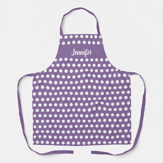 Cute Purple Polka Dots Personalized Name Womens Apron (Front)