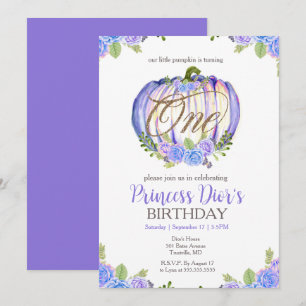 Cute Purple Pumpkin Flower Watercolor 1st Birthday Invitation