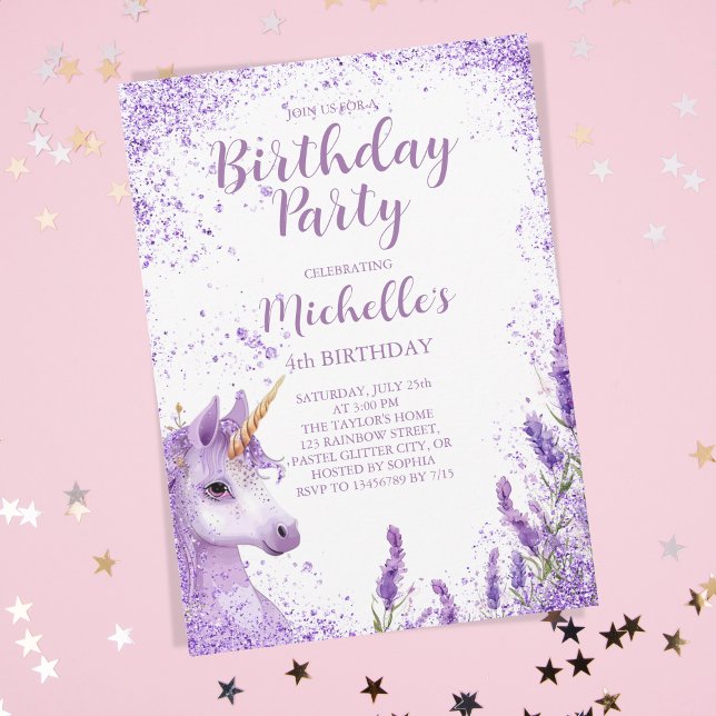 Cute Purple Rainbow Glitter Floral Unicorn Invitation (Creator Uploaded)