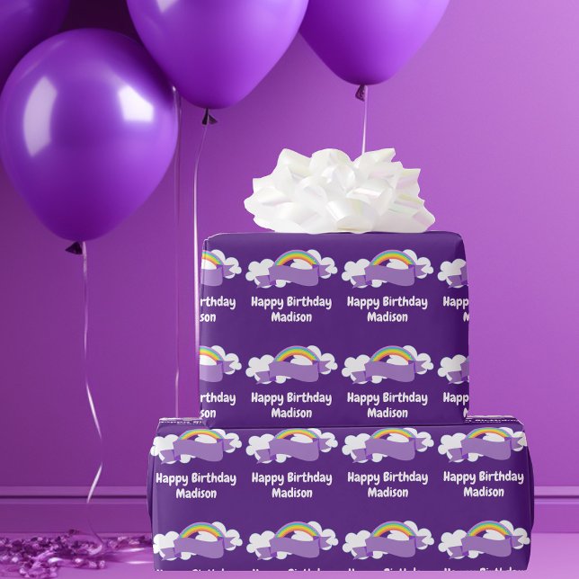 Cute Purple Rainbow Personalized Birthday Party Wrapping Paper (Creator Uploaded)