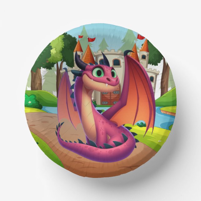 Cute purple/red cartoon dragon paper plate (Front)