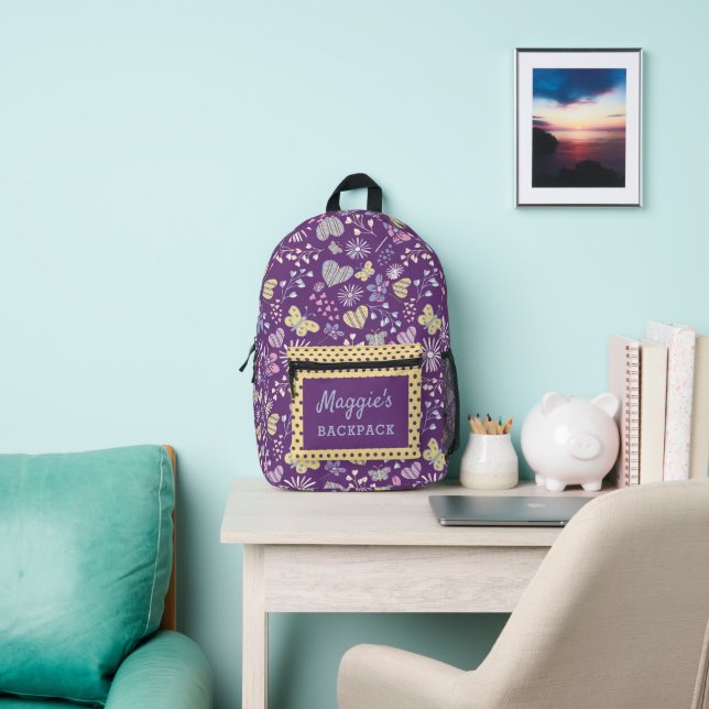 Cute Purple Retro Hearts Flowers Butterflies  Printed Backpack (Insitu)