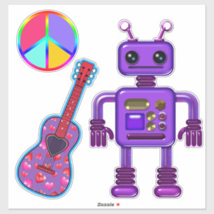 Cute Purple Robot with Peace Sign and Guitar