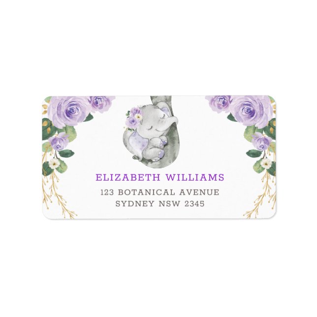 Cute Purple Roses Greenery Sleeping Baby Elephant Label (Front)