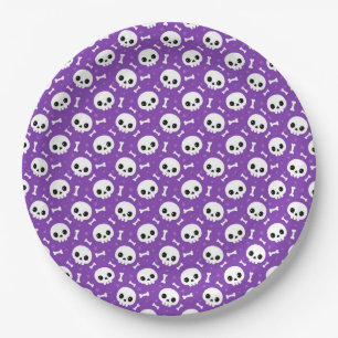 Cute Purple Skull & Bones Halloween Pattern Paper Plate