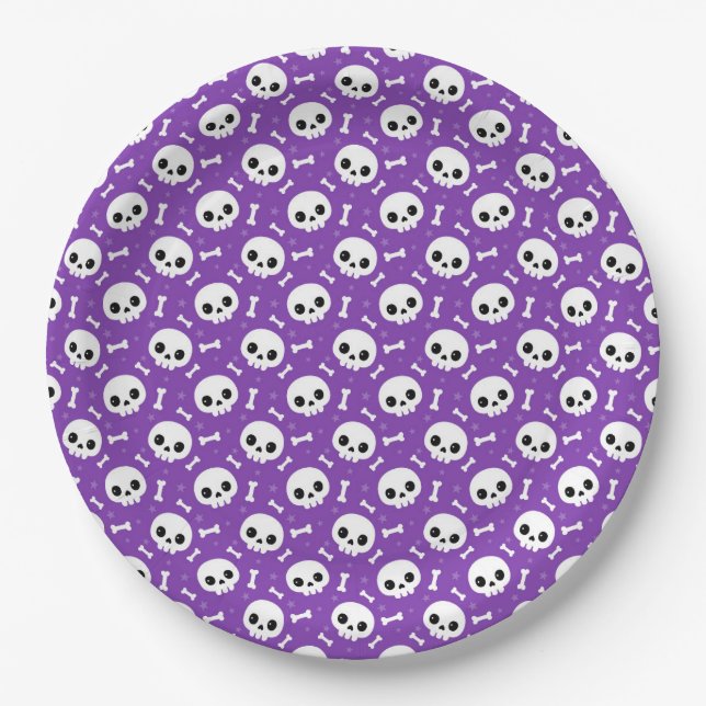 Cute Purple Skull & Bones Halloween Pattern Paper Plate (Front)