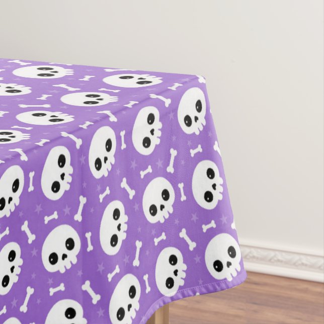 Cute Purple Skull & Bones Halloween Pattern Tablecloth (In Situ)