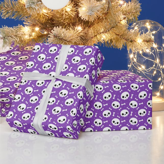 Cute Purple Skull & Bones Halloween Pattern Wrapping Paper (Holidays)